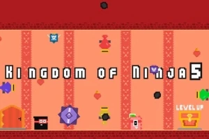 Tekstissä lukee Kingdom of Ninja 5 punaisella ja keltaisella taustalla, jossa on erilaisia symboleita ja ovia sekä Level Up -teksti alareunassa