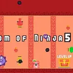 Tekstissä lukee Kingdom of Ninja 5 punaisella ja keltaisella taustalla, jossa on erilaisia symboleita ja ovia sekä Level Up -teksti alareunassa