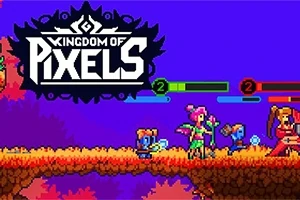 Pikseli-grafiikkaan perustuva värikäs maisema, jossa hahmoja kävelee kukkulalla, ja vasemmassa yläreunassa on teksti Kingdom of Pixels