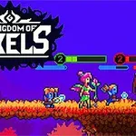 Pikseli-grafiikkaan perustuva värikäs maisema, jossa hahmoja kävelee kukkulalla, ja vasemmassa yläreunassa on teksti Kingdom of Pixels