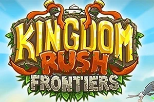 Kingdom Rush Frontiers Värikäs Kingdom Rush Frontiers -teksti, jossa on koristeellinen vihreä ja oranssi reuna sinistä taivasta vasten