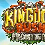 Kingdom Rush Frontiers Värikäs Kingdom Rush Frontiers -teksti, jossa on koristeellinen vihreä ja oranssi reuna sinistä taivasta vasten