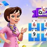 Animoitu nainen seisoo korttipelin vieressä, taustalla pilviä ja leijuvia kolikoita