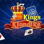 Kuva esittää kuninkaalla koristeltua logoa, jossa lukee Kings Klondike; ympärillä leijuu pelikortteja