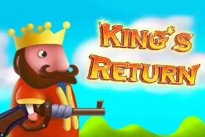 Animoitu kuningas kruunussa ja parta kasvoillaan pitelee pyssyä tekstin Kings Return vieressä sinisellä taustalla