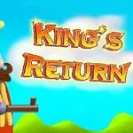 Animoitu kuningas kruunussa ja parta kasvoillaan pitelee pyssyä tekstin Kings Return vieressä sinisellä taustalla