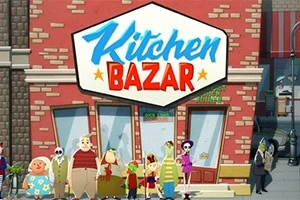 Joukko värikkäitä piirroshahmoja seisoo Kitchen Bazar -liikkeen edessä