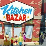 Joukko värikkäitä piirroshahmoja seisoo Kitchen Bazar -liikkeen edessä