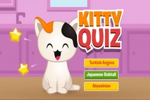 Hymyilevä piirroskissa istuu keittiössä värikkäässä ympäristössä, vieressään teksti Kitty Quiz ja kolme painiketta, joissa on kissarotujen nimiä