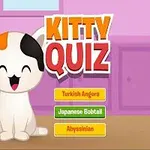 Hymyilevä piirroskissa istuu keittiössä värikkäässä ympäristössä, vieressään teksti Kitty Quiz ja kolme painiketta, joissa on kissarotujen nimiä