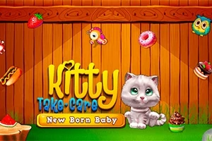 Puinen tausta, jonka edessä on harmaa kissanpentu ja teksti Kitty Take Care New Born Baby sekä erilaisia ruoka-aiheisia esineitä kuten mansikka ja donitsi