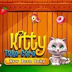 Puinen tausta, jonka edessä on harmaa kissanpentu ja teksti Kitty Take Care New Born Baby sekä erilaisia ruoka-aiheisia esineitä kuten mansikka ja donitsi