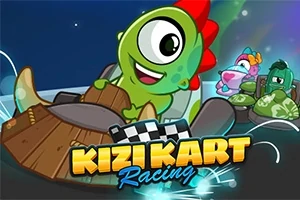 Vihreä, iloinen hahmo ajaa puukartingautossa tähtitaivaan alla, taustalla muita värikkäitä hahmoja ja teksti Kizi Kart Racing