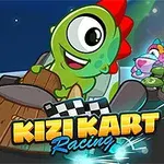 Vihreä, iloinen hahmo ajaa puukartingautossa tähtitaivaan alla, taustalla muita värikkäitä hahmoja ja teksti Kizi Kart Racing