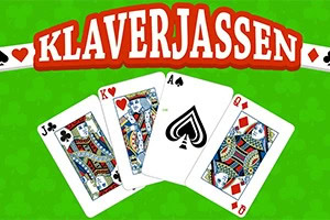 Neljä pelikorttia (jätkä, kuningas, ässä ja kuningatar) vihreällä taustalla, yläpuolella teksti KLAVERJASSEN