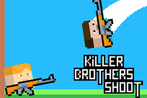 Kaksi pikseligrafiikalla toteutettua hahmoa aseiden kanssa sinisellä taustalla, teksti Killer Brothers Shoot