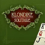 Vihreällä taustalla koristeellinen kyltti, jossa lukee Klondike Solitaire, ja osittain näkyvissä pelikortteja, kuten kuningas, kuningatar, sotamies, viitonen ja nelonen