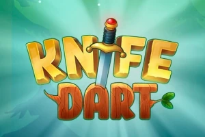 Kuva sisältää kultaiset ja puiset kirjaimet tekstillä Knife Dart, joissa on veitsi keskellä, vaaleansinisellä taustalla
