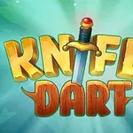 Kuva sisältää kultaiset ja puiset kirjaimet tekstillä Knife Dart, joissa on veitsi keskellä, vaaleansinisellä taustalla