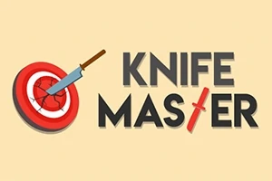 Punainen maalitaulu johon on heitetty veitsi, vieressä teksti KNIFE MASTER
