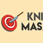 Punainen maalitaulu johon on heitetty veitsi, vieressä teksti KNIFE MASTER