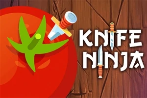 Punaisen tomaatin edessä on puutaustaa vasten kiinni oleva veitsi ja teksti KNIFE NINJA