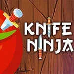 Punaisen tomaatin edessä on puutaustaa vasten kiinni oleva veitsi ja teksti KNIFE NINJA