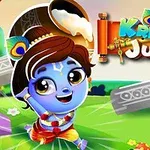 Sininen, hymyilevä piirroshahmo, jolla on ruskea kampaus ja värikäs asu, seisoo vihreällä niityllä taustan ollessa kirkas ja värikäs
