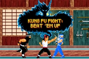 Kolme hahmoa taistelukohtauksessa dojo-tyylisessä ympäristössä, jossa taustalla lohikäärme ja teksti Kung Fu Fight: Beat Em Up