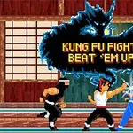 Kolme hahmoa taistelukohtauksessa dojo-tyylisessä ympäristössä, jossa taustalla lohikäärme ja teksti Kung Fu Fight: Beat Em Up