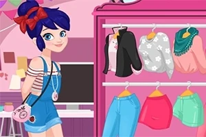 Animaatiohahmo seisoo vaatekaapin edessä, jossa on erilaisia vaatteita