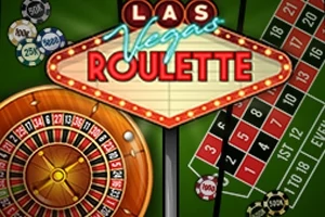 Las Vegas -aiheinen kyltti, rulettipyörä ja pelimerkkejä vihreällä pöydällä