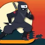 Ninja seisoo oranssilla laudalla, ja hänessä on musta asu, täysikuu taustalla sekä japanilainen maisema