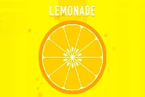Keltainen tausta, jossa on oranssi sitruunaviipaleen kuva ja teksti Lemonade