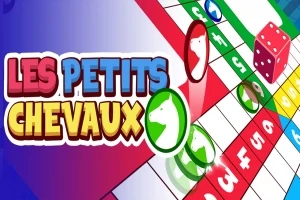 Värikäs pelilauta, jossa numeroituja ruutuja, pelinappuloita ja noppa, sekä teksti Les Petits Chevaux