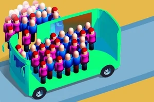 Vihreässä autossa ja sen ympärillä on joukko värikkäästi pukeutuneita hahmoja sijoitettuna tiellä