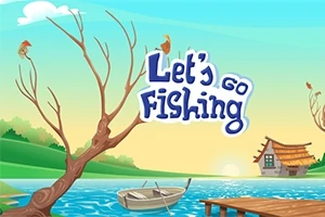 Puun vieressä on vene tyynellä joella, taustalla pieni mökki ja taivaanrannassa auringonlasku, jossa lukee Lets Go Fishing