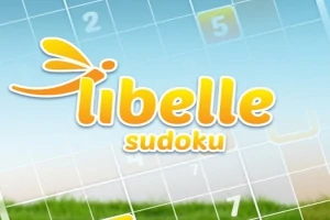 Sudokuruudukko, jossa on keltainen libelle sudoku -teksti ja kuvio, taustalla sininen taivas ja vihreää ruohoa