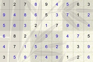 9x9-ruudukko, jossa on numeroita ja taustalla himmeästi näkyvä bambukuvio