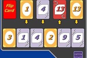 Korttipeli, jossa pöydällä on numeroituja kortteja ja Flip Card -painike