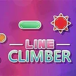 Värikäs graafinen kuva violetilla taustalla, jossa on teksti Line Climber, värikkäitä geometrisia muotoja ja kaksi punaista tähtimäistä kohdetta
