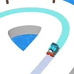 Punainen ja sininen auto ajaa valkoisella, kapealla tiellä sinistä vettä vasten