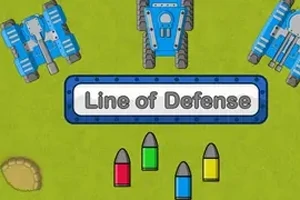 Kolme sinistä tankkia vihreällä taustalla, teksti Line of Defense keskellä sekä neljä värillistä ammusta alapuolella