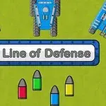 Kolme sinistä tankkia vihreällä taustalla, teksti Line of Defense keskellä sekä neljä värillistä ammusta alapuolella