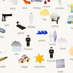 Erilaisia esineitä ja hahmoja, kuten tulivuori, ase, hauta, sateenkaari ja palomies, esitetty tekstillä merkityin ikonein