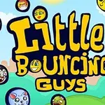 Kuvassa on värikäs tausta, jonka edessä on suuri teksti Little Bouncing Guys ja ympärillä on erilaisia pyöreitä, nauravia piirroshahmoja
