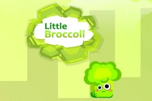 Vihreässä taustassa on piirros brokkolista, jossa on silmät, ja sen yläpuolella lukee Little Broccoli vihreässä kehystetyssä puhekuplassa