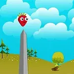 Punainen, piikikäs hahmo seisoo harmaan pylvään päällä värikkäässä piirretyssä maisemassa, jossa on pilviä, puita ja vihreä kukkula