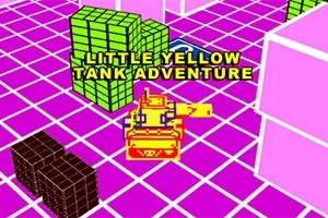 Kuvassa on pikseligrafiikalla toteutettu keltainen tankki värikkäässä 3D-ympäristössä, jonka taustalla on vihreitä ja ruskeita kuutioita sekä teksti LITTLE YELLOW TANK ADVENTURE