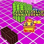Kuvassa on pikseligrafiikalla toteutettu keltainen tankki värikkäässä 3D-ympäristössä, jonka taustalla on vihreitä ja ruskeita kuutioita sekä teksti LITTLE YELLOW TANK ADVENTURE
